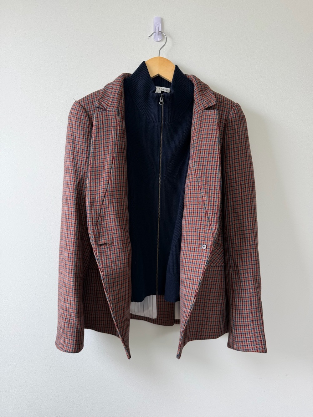 Veronica Beard Red Check Blazer with Navy Zip-Knit Insert